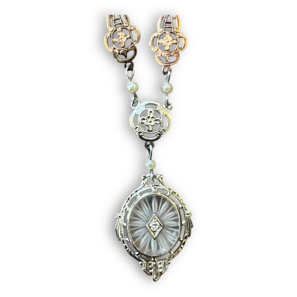 Antique Edwardian Art Deco 10k Gold Rock Crystal Diamond Lavaliere Necklace - Picture 5 of 15